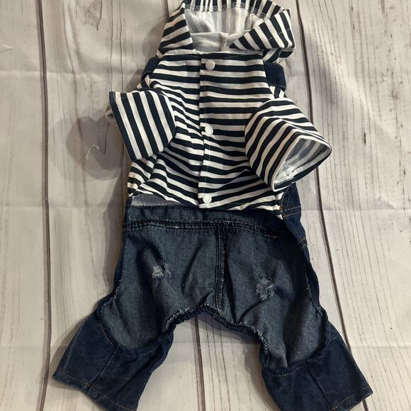 Dog/Pet Overall suit Denim/Navy Stripe T-shirt Hoodie Hood Snaps L New - Picture 3 of 4